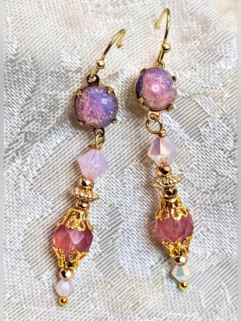 Victorian Delicate & Dainty Pink Opal Swarovski & Glass In Gold Plated Earrings